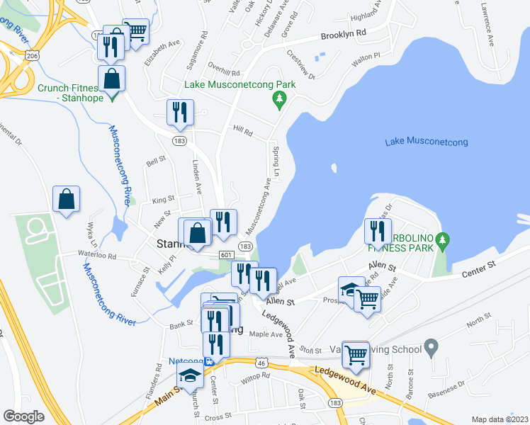 map of restaurants, bars, coffee shops, grocery stores, and more near 13 Musconetcong Avenue in Stanhope