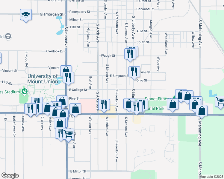 map of restaurants, bars, coffee shops, grocery stores, and more near East College Street in Alliance