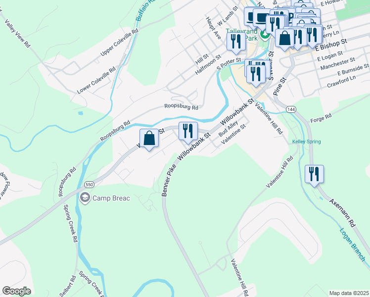 map of restaurants, bars, coffee shops, grocery stores, and more near 801 Willowbank Street in Bellefonte
