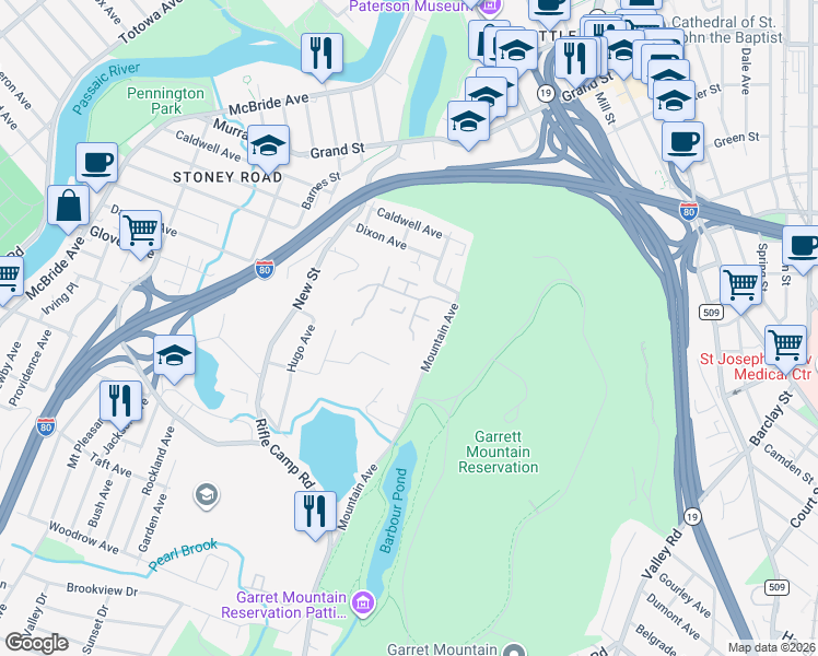 map of restaurants, bars, coffee shops, grocery stores, and more near 132 Quartz Lane in Paterson