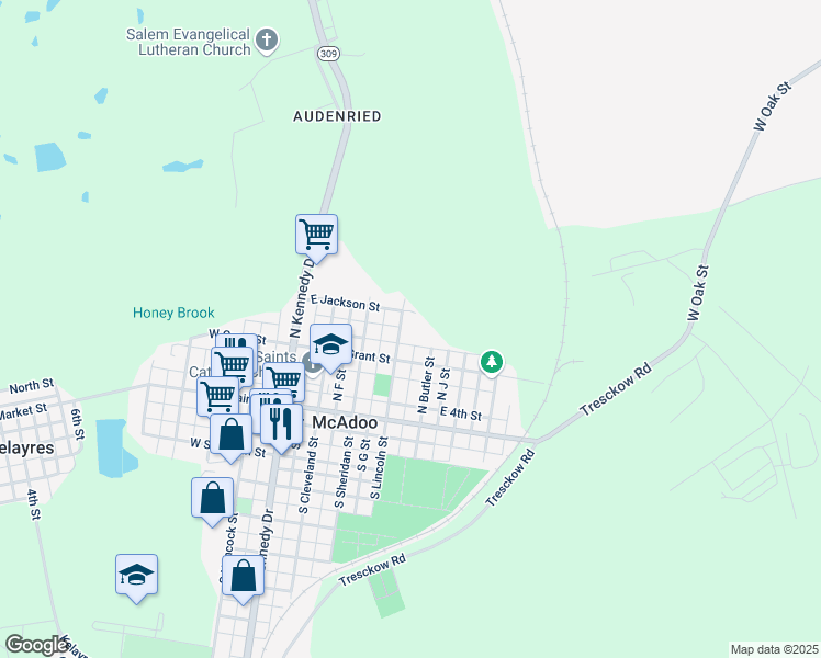 map of restaurants, bars, coffee shops, grocery stores, and more near 127 North Lincoln Street in McAdoo