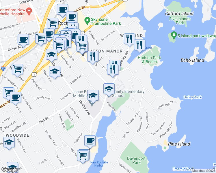 map of restaurants, bars, coffee shops, grocery stores, and more near 149 Pelham Road in New Rochelle