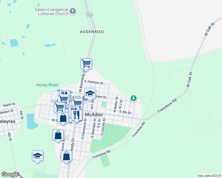 map of restaurants, bars, coffee shops, grocery stores, and more near 127 North Lincoln Street in McAdoo