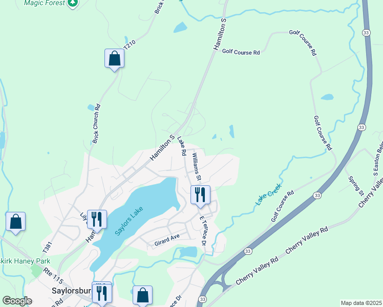 map of restaurants, bars, coffee shops, grocery stores, and more near 604 Williams Street in Saylorsburg