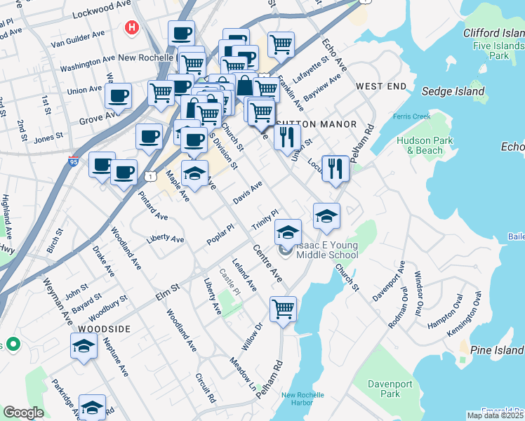 map of restaurants, bars, coffee shops, grocery stores, and more near 123 Church Street in New Rochelle