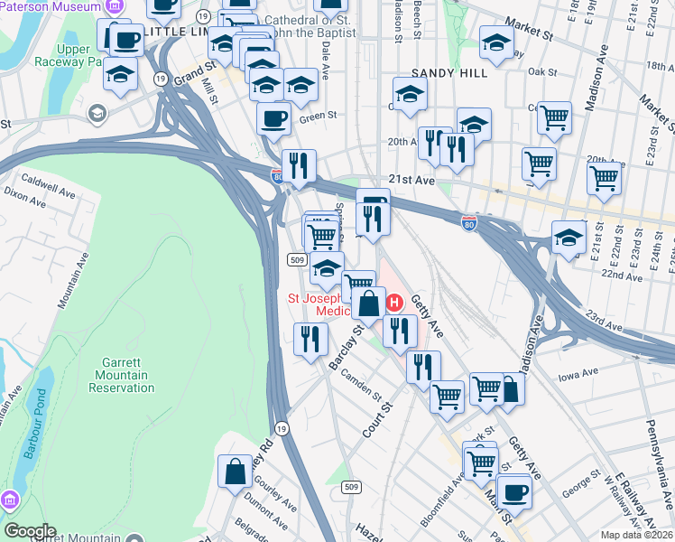 map of restaurants, bars, coffee shops, grocery stores, and more near 611 County Road 509 in Paterson
