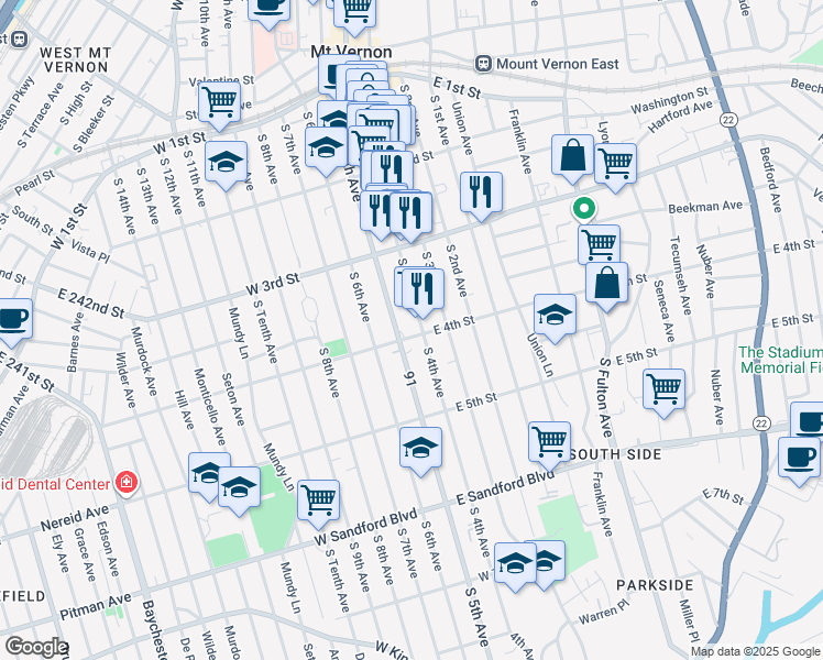 map of restaurants, bars, coffee shops, grocery stores, and more near 5 West 4th Street in Mount Vernon