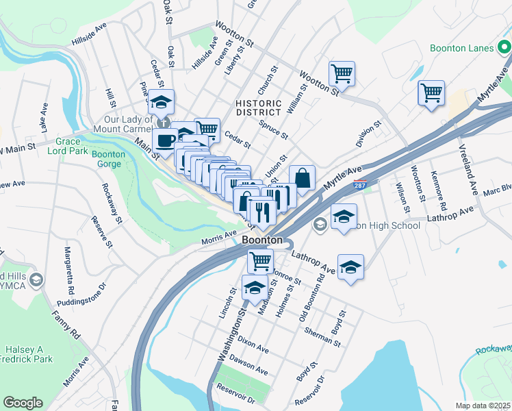 map of restaurants, bars, coffee shops, grocery stores, and more near 120 Birch Street in Boonton