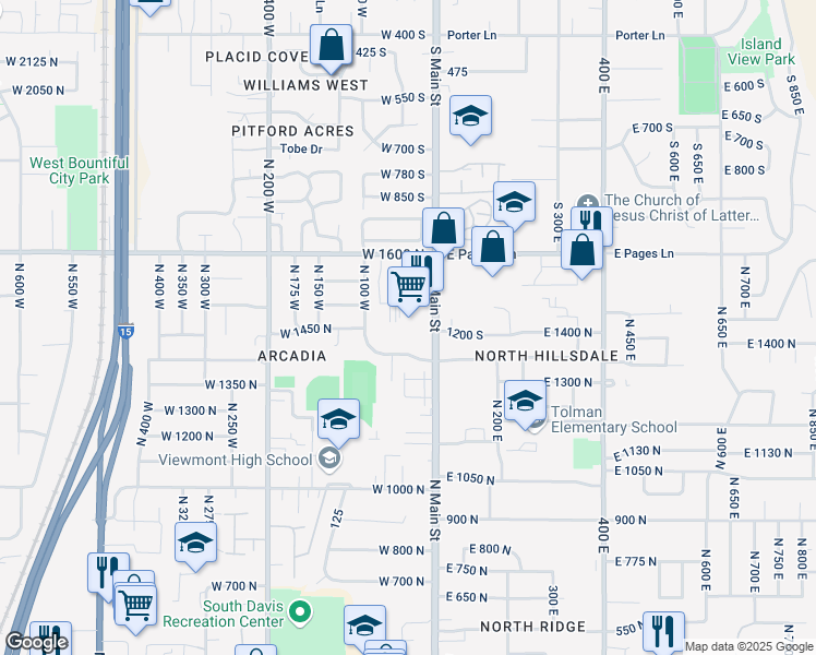 map of restaurants, bars, coffee shops, grocery stores, and more near 1510 North 100 West in Bountiful