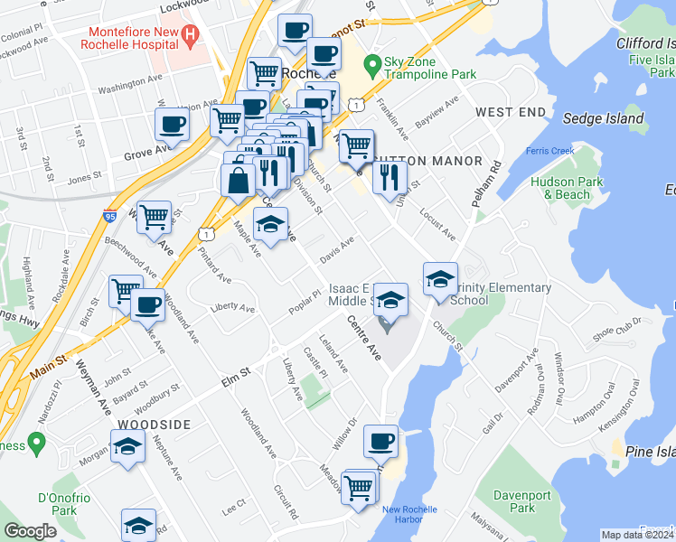 map of restaurants, bars, coffee shops, grocery stores, and more near 34 Davis Avenue in New Rochelle
