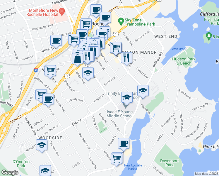 map of restaurants, bars, coffee shops, grocery stores, and more near 34 Davis Avenue in New Rochelle