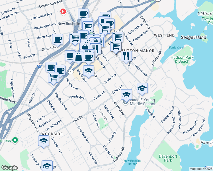map of restaurants, bars, coffee shops, grocery stores, and more near 34 Davis Avenue in New Rochelle