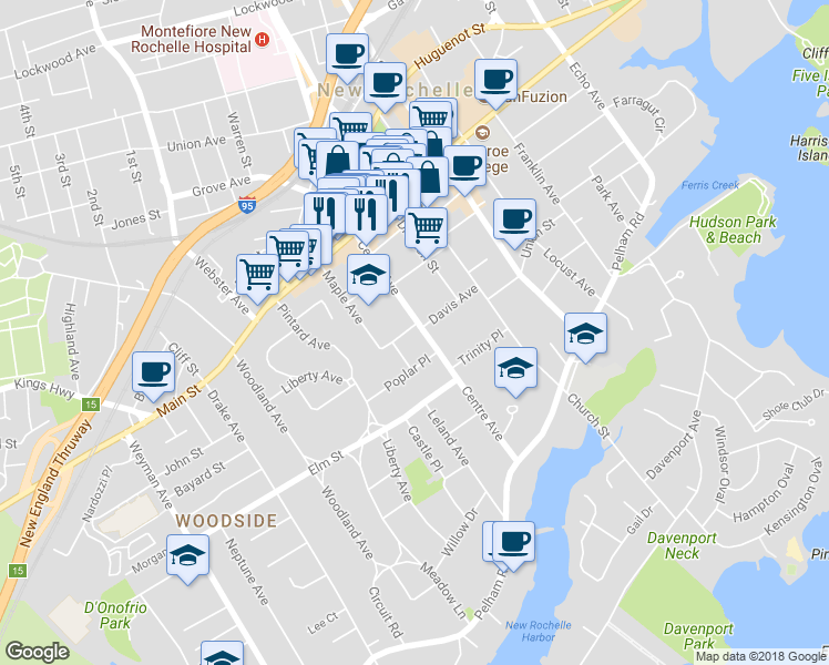 map of restaurants, bars, coffee shops, grocery stores, and more near 167 Centre Avenue in New Rochelle