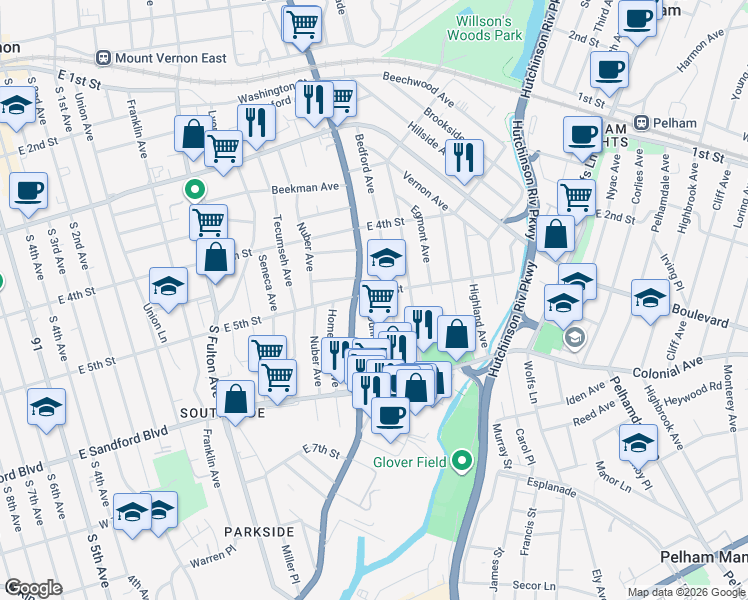 map of restaurants, bars, coffee shops, grocery stores, and more near 40 Elliot Street in Mount Vernon