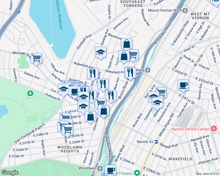 map of restaurants, bars, coffee shops, grocery stores, and more near 95 1st Street in Yonkers