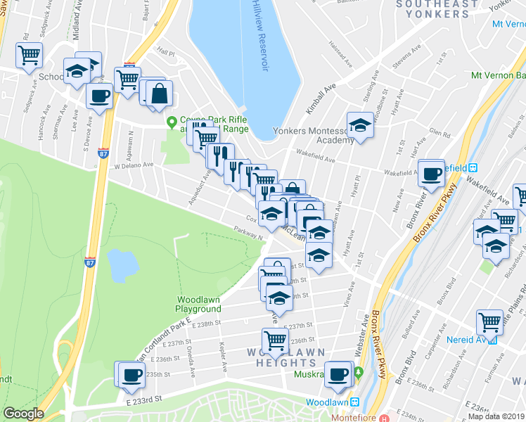map of restaurants, bars, coffee shops, grocery stores, and more near 886 McLean Avenue in Yonkers