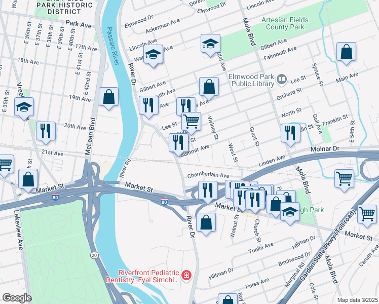 map of restaurants, bars, coffee shops, grocery stores, and more near 24 Grove Street in Elmwood Park