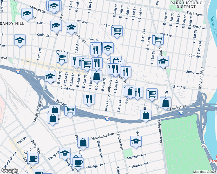 map of restaurants, bars, coffee shops, grocery stores, and more near 33 Trenton Avenue in Paterson