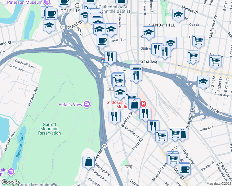 map of restaurants, bars, coffee shops, grocery stores, and more near 611 County Road 509 in Paterson