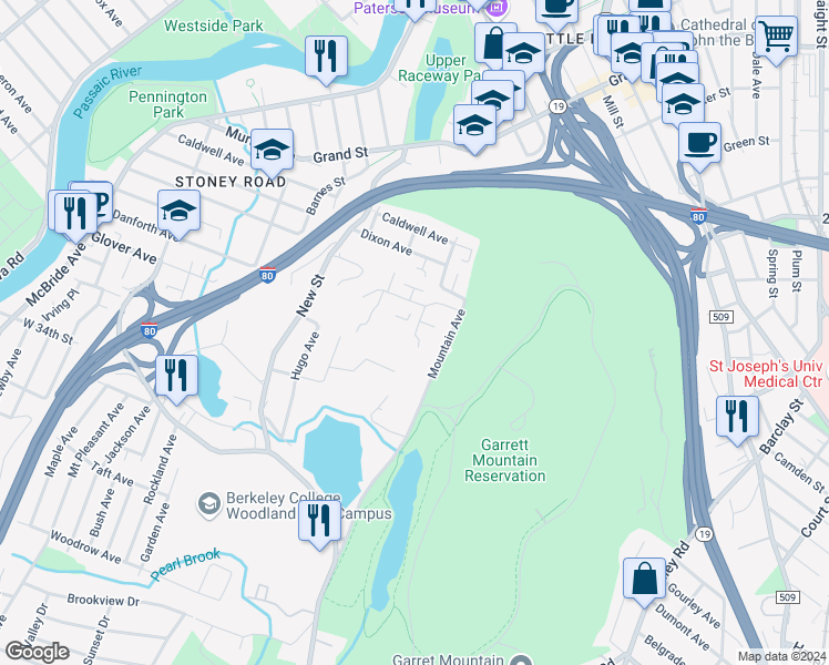 map of restaurants, bars, coffee shops, grocery stores, and more near 132 Quartz Lane in Paterson