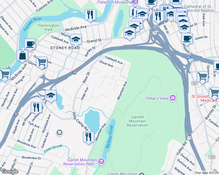 map of restaurants, bars, coffee shops, grocery stores, and more near 132 Quartz Lane in Paterson