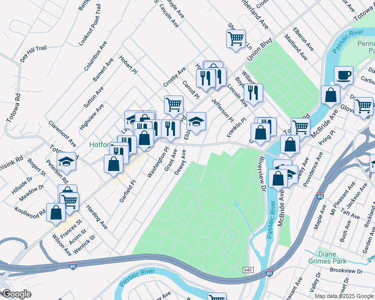 map of restaurants, bars, coffee shops, grocery stores, and more near 320 Totowa Road in Totowa