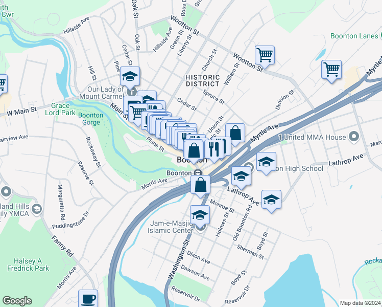 map of restaurants, bars, coffee shops, grocery stores, and more near 105 Union Street in Boonton