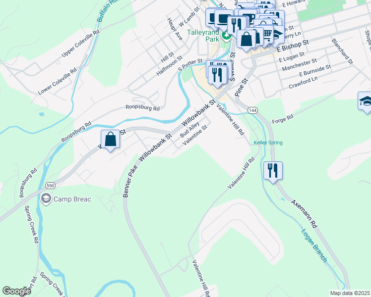 map of restaurants, bars, coffee shops, grocery stores, and more near 640 Bud Alley in Bellefonte
