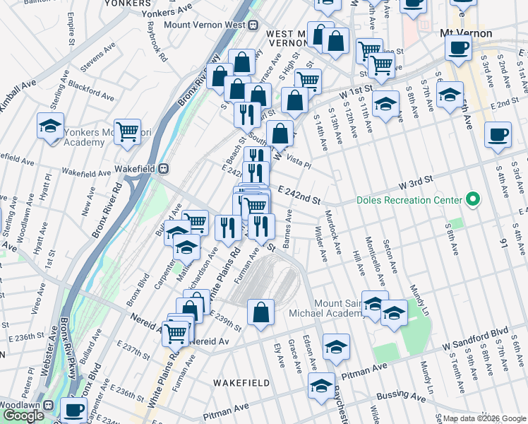 map of restaurants, bars, coffee shops, grocery stores, and more near 4759 White Plains Road in The Bronx