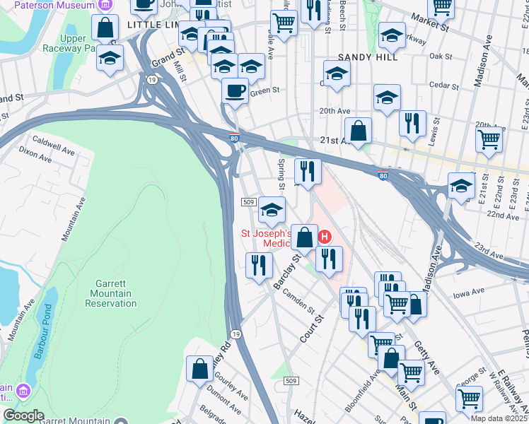 map of restaurants, bars, coffee shops, grocery stores, and more near 2 Chadwick Street in Paterson