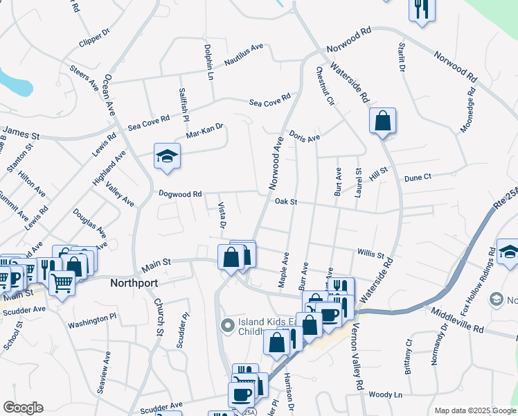 map of restaurants, bars, coffee shops, grocery stores, and more near 79 Norwood Avenue in Northport