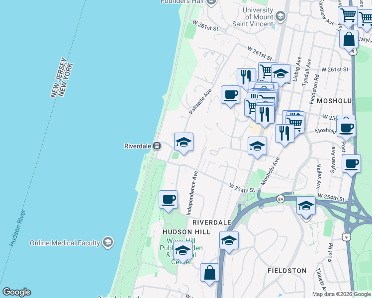 map of restaurants, bars, coffee shops, grocery stores, and more near 714 Ladd Road in Bronx
