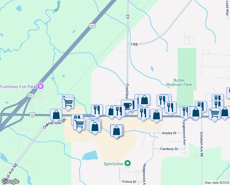 map of restaurants, bars, coffee shops, grocery stores, and more near 1785 Freshley Avenue in Alliance