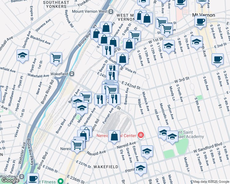 map of restaurants, bars, coffee shops, grocery stores, and more near 4759 White Plains Road in Bronx