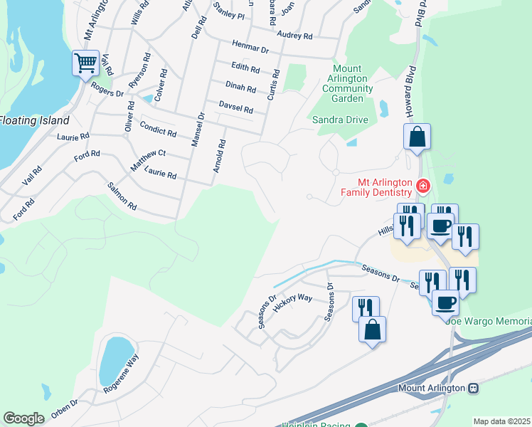 map of restaurants, bars, coffee shops, grocery stores, and more near 7 Williams Road in Roxbury Township