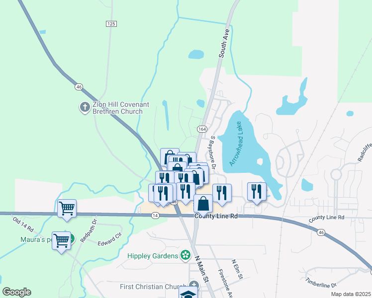 map of restaurants, bars, coffee shops, grocery stores, and more near 14658 South Avenue in Columbiana