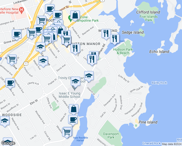 map of restaurants, bars, coffee shops, grocery stores, and more near 141 Pelham Road in New Rochelle