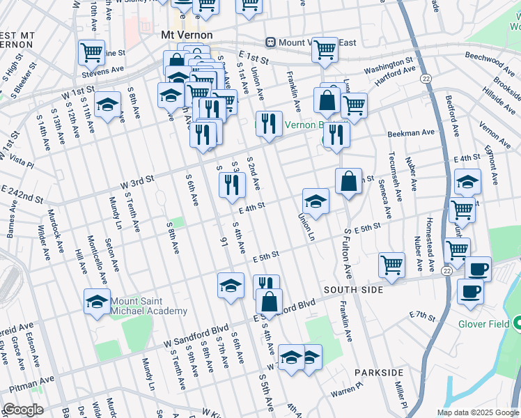map of restaurants, bars, coffee shops, grocery stores, and more near 260 South 2nd Avenue in Mount Vernon