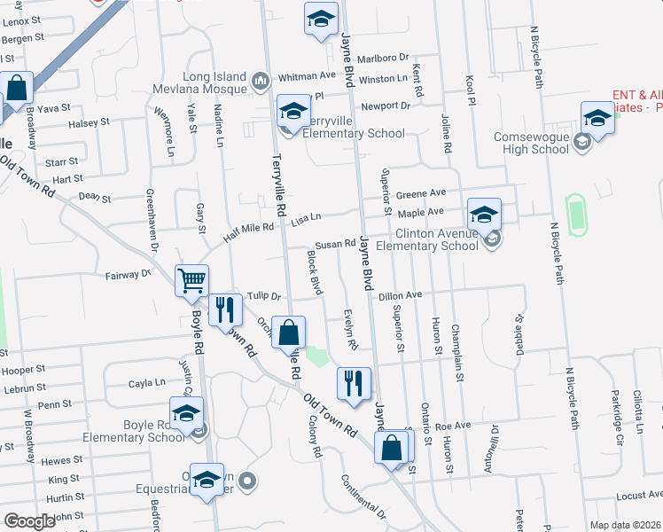 map of restaurants, bars, coffee shops, grocery stores, and more near 30 Evelyn Road in Port Jefferson Station