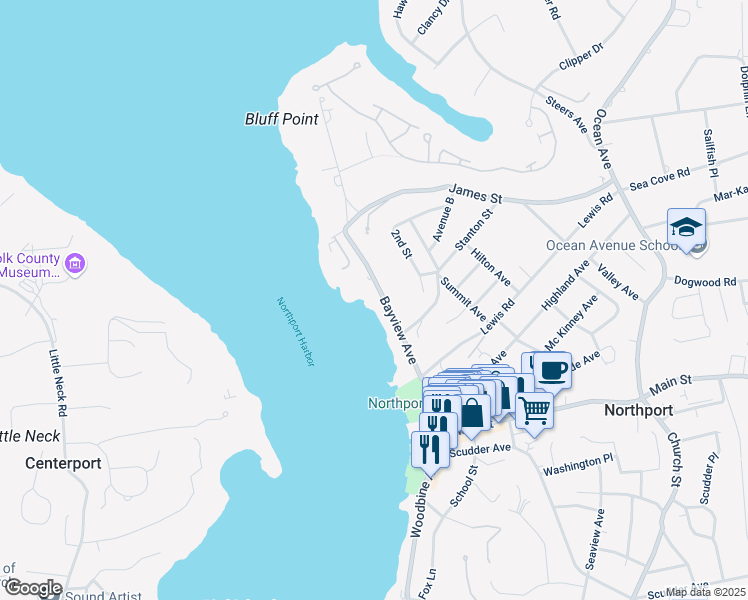 map of restaurants, bars, coffee shops, grocery stores, and more near 155 Bayview Avenue in Northport