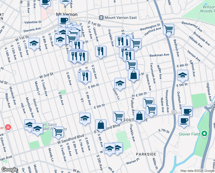 map of restaurants, bars, coffee shops, grocery stores, and more near in Mount Vernon