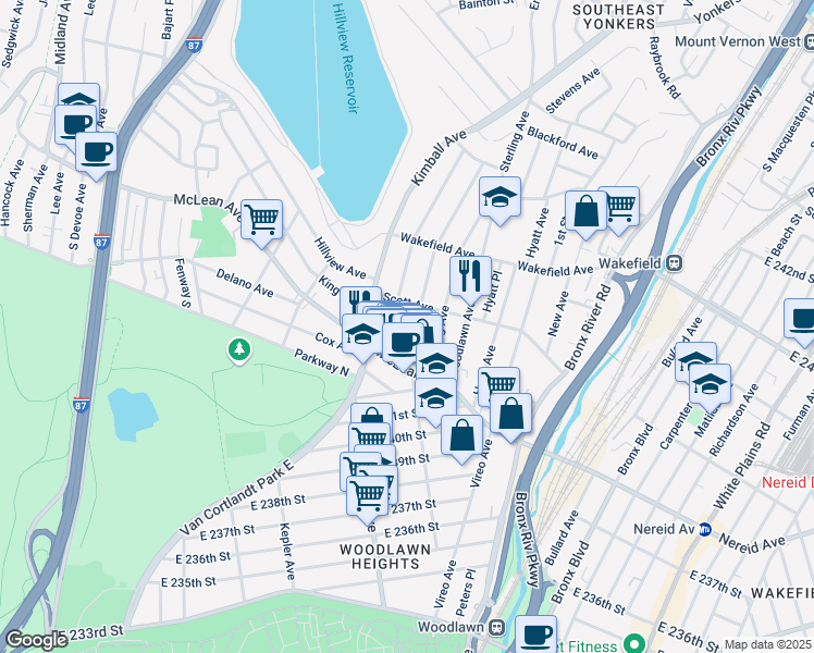 map of restaurants, bars, coffee shops, grocery stores, and more near 45 Glover Avenue in Yonkers