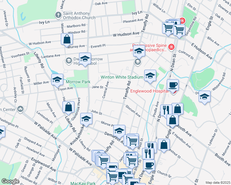 map of restaurants, bars, coffee shops, grocery stores, and more near 159 Jane Street in Englewood