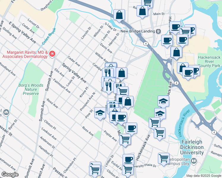 map of restaurants, bars, coffee shops, grocery stores, and more near 17 Voorhis Lane in Hackensack