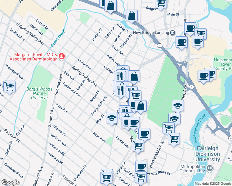 map of restaurants, bars, coffee shops, grocery stores, and more near 150 Pine Street in Hackensack