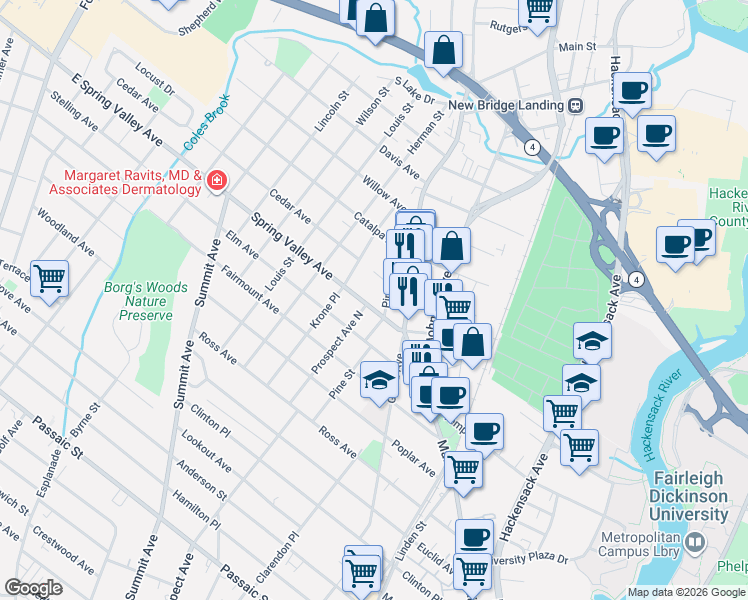 map of restaurants, bars, coffee shops, grocery stores, and more near 64 Spring Valley Avenue in Hackensack