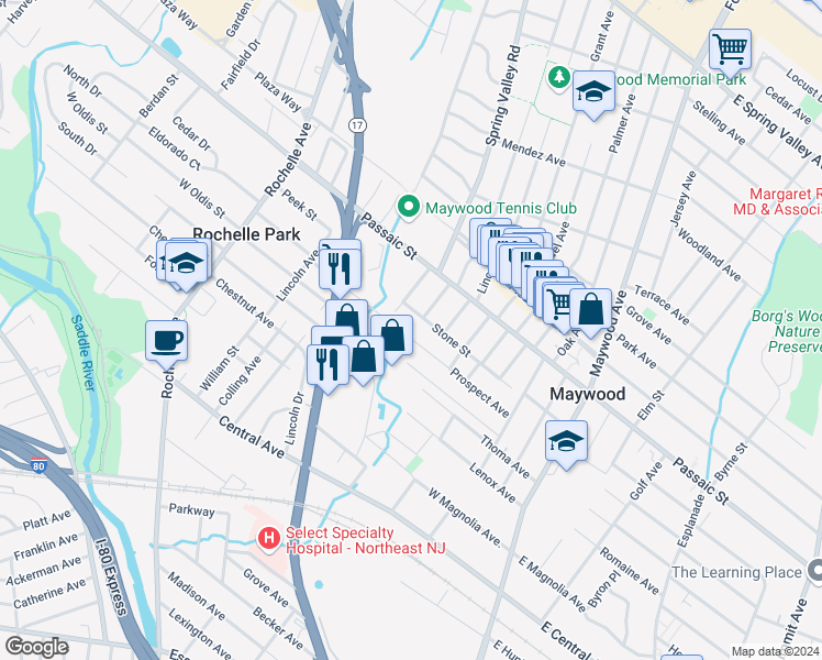 map of restaurants, bars, coffee shops, grocery stores, and more near 455 Davison Street in Maywood