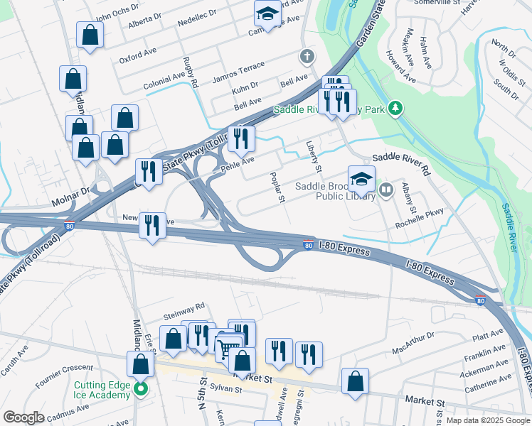 map of restaurants, bars, coffee shops, grocery stores, and more near 121 South Leswing Avenue in Saddle Brook