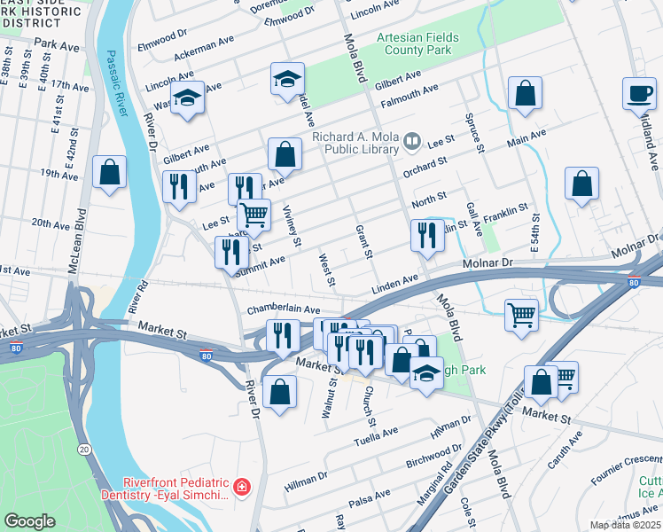 map of restaurants, bars, coffee shops, grocery stores, and more near 16 Court Street in Elmwood Park