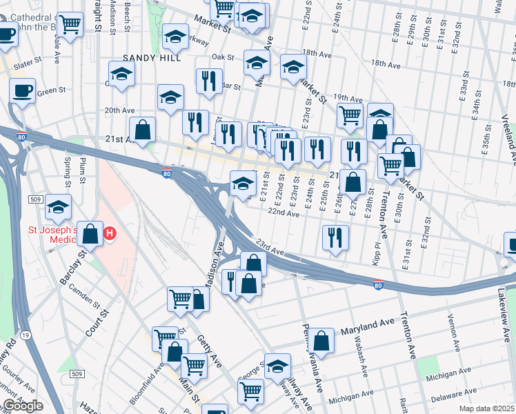 map of restaurants, bars, coffee shops, grocery stores, and more near 95 East 20th Street in Paterson